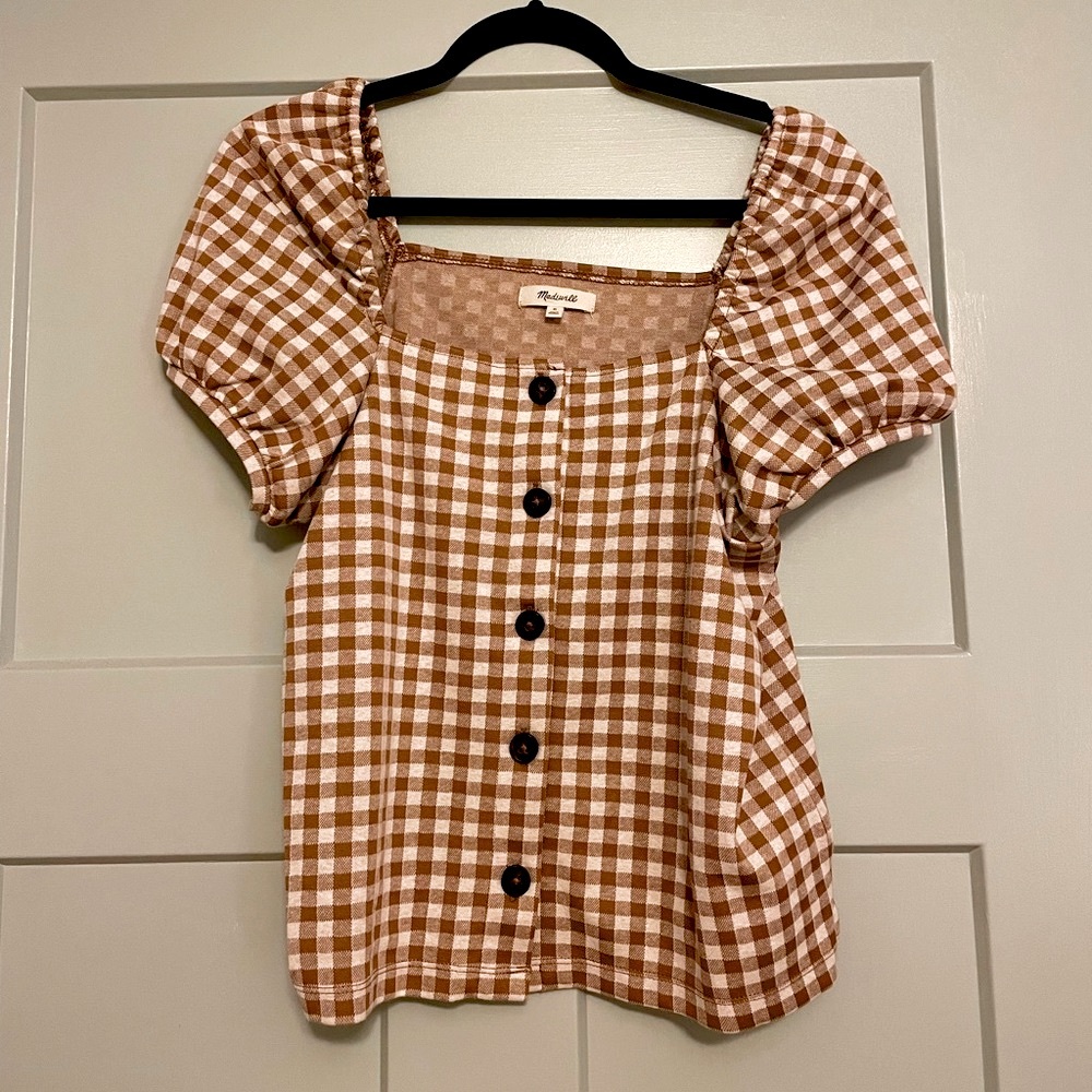 Gingham Jacquard Square-Neck Puff-Sleeve Top